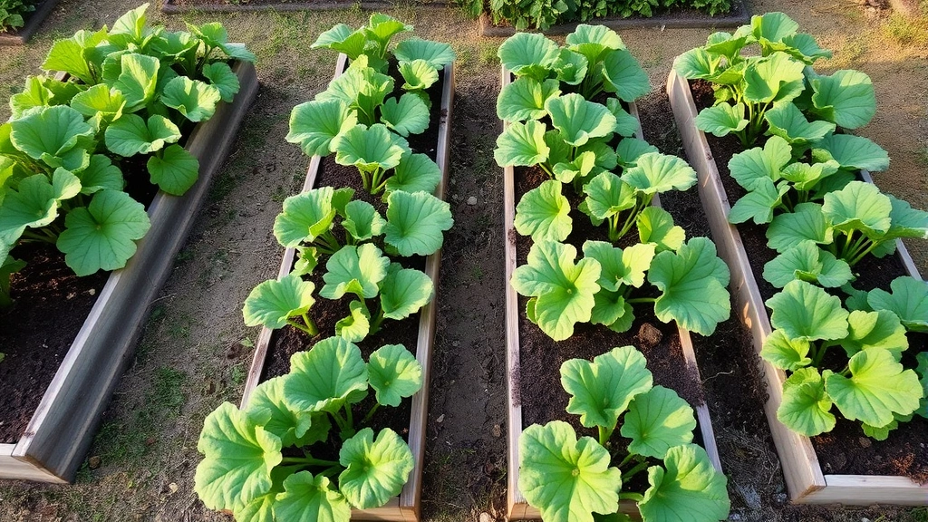 Overhead view of organized vegetable garden with multiple raised beds containing squash plants, showing proper spacing, mulch around bases, and healthy green foliage in morning sunlight