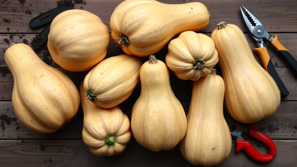 Harvested butternut squash arranged on wooden surface with soil still visible, displaying various sizes and the characteristic tan-brown skin color, alongside gardening gloves and hand pruners