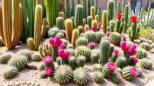 A vibrant cactus garden with mixed species including tall columnar cacti, prickly pears with magenta blooms, and low-growing mounding varieties arranged on sandy soil with decorative gravel, natural sunlight highlighting spines and textures