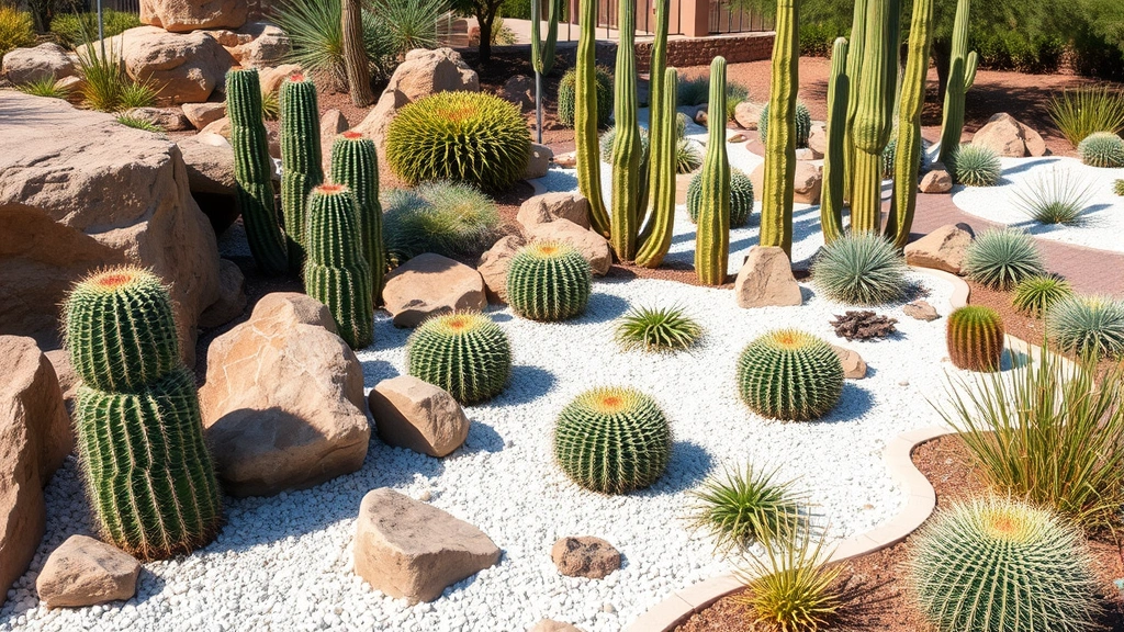 A professionally landscaped cactus garden featuring rock garden design with boulders, white gravel mulch, blue barrel cacti, tall green columnar varieties, and drought-tolerant companion plants in afternoon sunlight