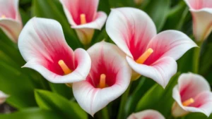 Close-up of white and pink calla lily flowers with trumpet-shaped spathes in full bloom, showing detailed texture and elegant form against soft green foliage