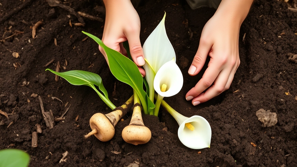 Gardener's hands carefully planting calla lily rhizomes in rich, dark soil with visible organic matter, demonstrating proper planting depth and technique