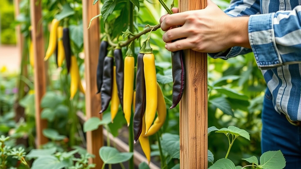 A gardener's hands carefully harvesting mature yellow and purple pole beans from a wooden trellis structure in a productive summer garden, with lush green foliage surrounding