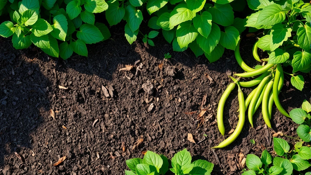 An overhead view of a thriving bean garden bed showing both bush and pole bean varieties at various growth stages, with rich dark soil, organic mulch, and dappled sunlight