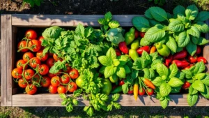 Overhead view of weathered cedar raised garden bed filled with thriving vegetables including tomatoes, peppers, and leafy greens in bright afternoon sunlight