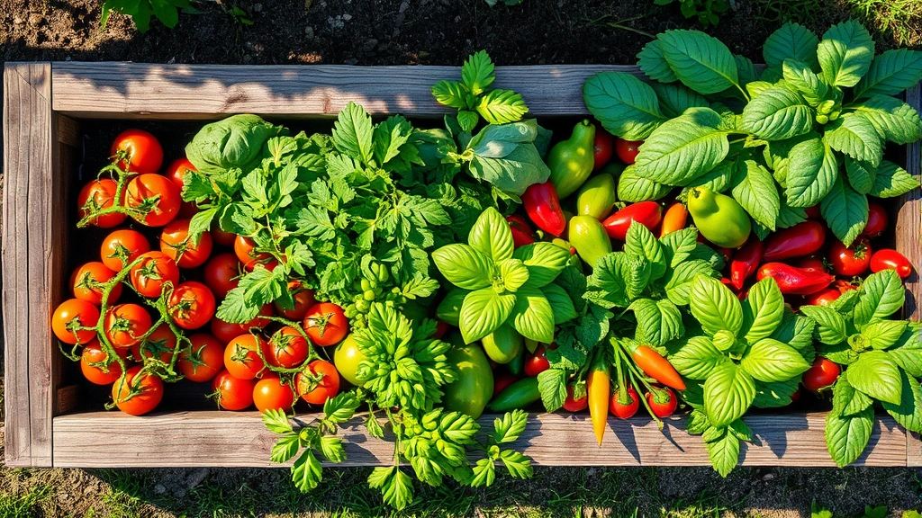 Overhead view of weathered cedar raised garden bed filled with thriving vegetables including tomatoes, peppers, and leafy greens in bright afternoon sunlight