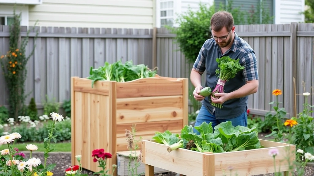 Gardener harvesting fresh vegetables from a tall cedar raised bed in a residential backyard garden with flowers blooming nearby
