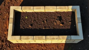 Photorealistic overhead view of a newly constructed 4x8 cement block raised bed garden filled with rich dark soil, morning sunlight casting shadows across the blocks, showing the rectangular structure clearly