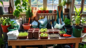A sunlit garden workspace with organized containers, soil bags, and gardening tools arranged neatly on a wooden potting bench surrounded by healthy green plants and seedlings