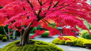 Japanese maple tree with delicate red foliage overhanging a moss-covered ground in a peaceful zen garden setting, soft natural light filtering through leaves, serene atmosphere