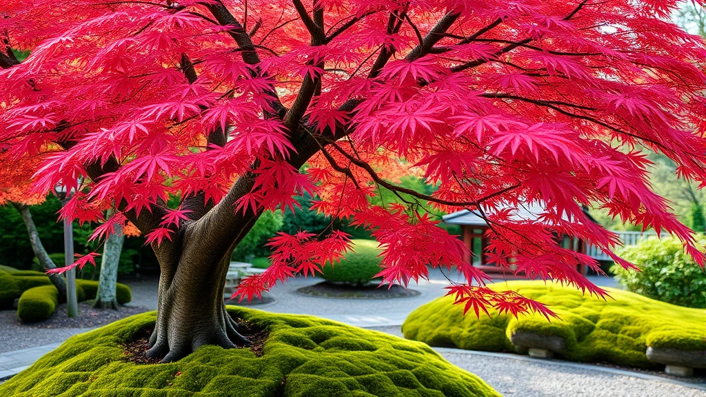 Japanese maple tree with delicate red foliage overhanging a moss-covered ground in a peaceful zen garden setting, soft natural light filtering through leaves, serene atmosphere