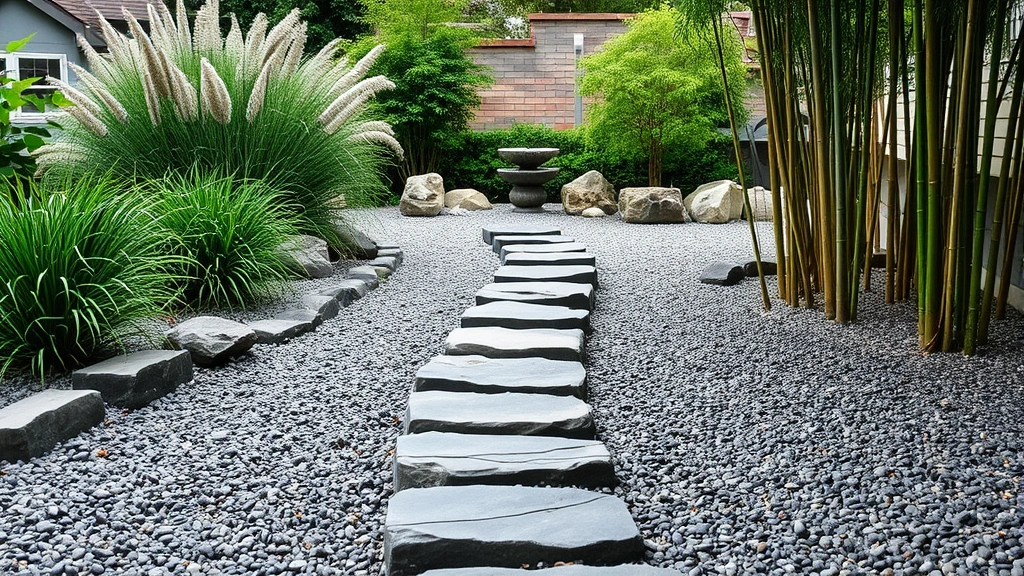 Stone pathway with stepping stones leading through a zen garden past ornamental grasses and bamboo, water fountain visible in background, perfectly raked gravel areas on either side