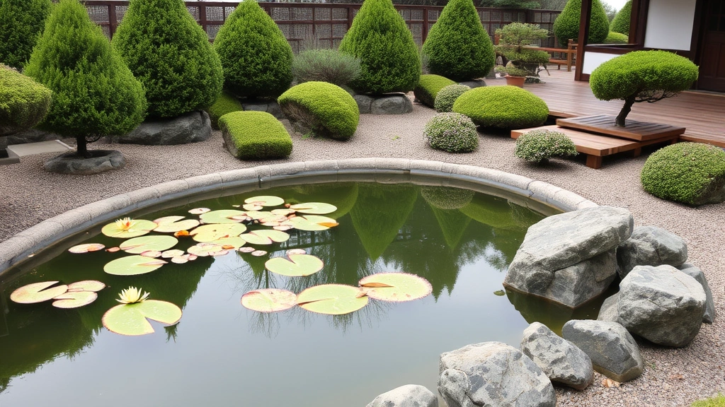Shallow reflecting pool in a zen garden with lily pads, surrounded by carefully pruned evergreen shrubs and a wooden viewing platform, rocks arranged artfully along the water's edge
