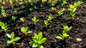 Lush spring garden with young seedlings sprouting in organized rows, fresh green growth emerging from rich dark soil, morning sunlight illuminating new leaves and early spring flowers