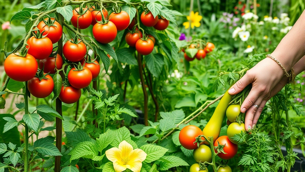 Summer vegetable garden in full production showing ripe tomatoes on vines, leafy greens, flowering herbs, gardener's hands harvesting vegetables, vibrant green foliage and abundant growth