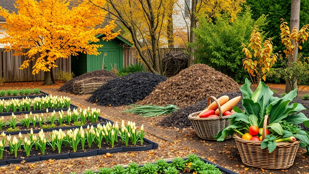 Fall garden transition with golden autumn leaves, planted spring bulbs in prepared beds, composting materials and mulch pile, cool-season vegetables growing, harvest baskets with vegetables
