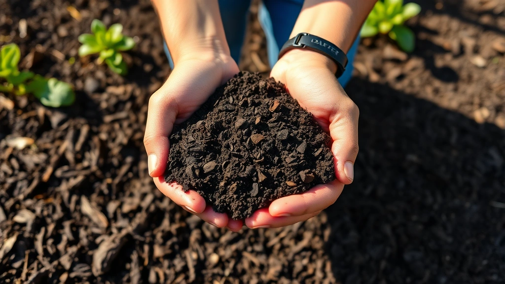 Gardener hands holding rich dark compost over prepared garden bed with mulch layer, morning sunlight, spring season