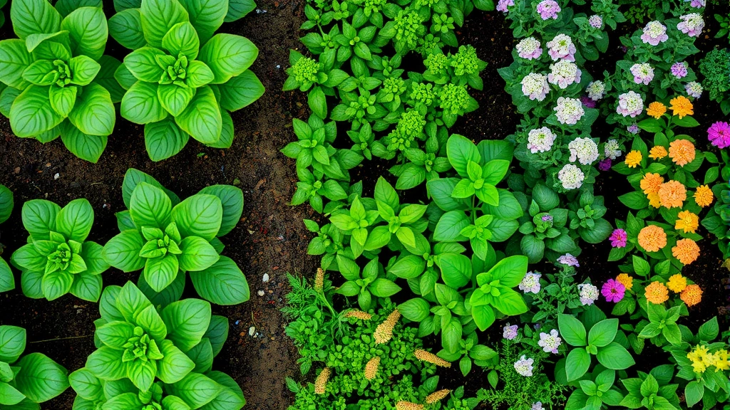 Overhead view of lush vegetable garden with companion plants, lettuce, basil, and flowering herbs thriving together in organized rows
