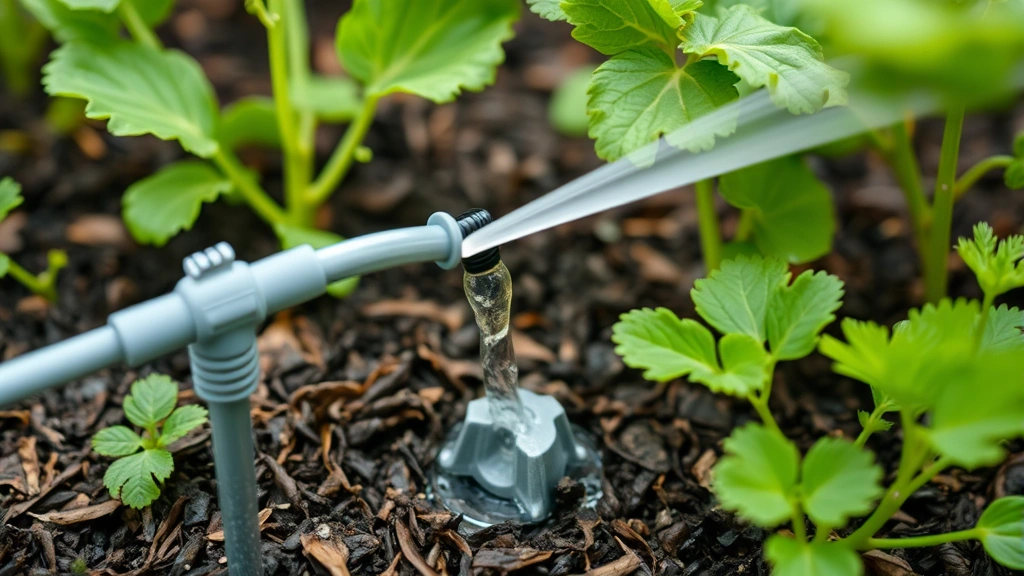 Close-up of drip irrigation system delivering water to vegetable plants with mulch layer, soil moisture visible, healthy green foliage