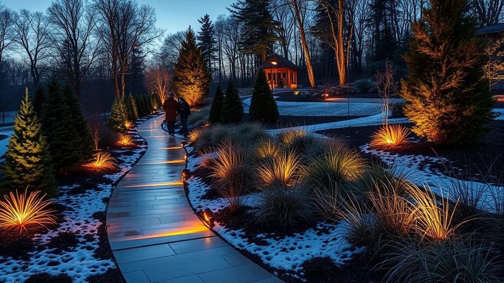 Wide-angle view of illuminated garden pathways winding through winter landscape with LED lights highlighting evergreen trees and ornamental grasses at dusk, visitors walking with warm lighting reflected on wet ground