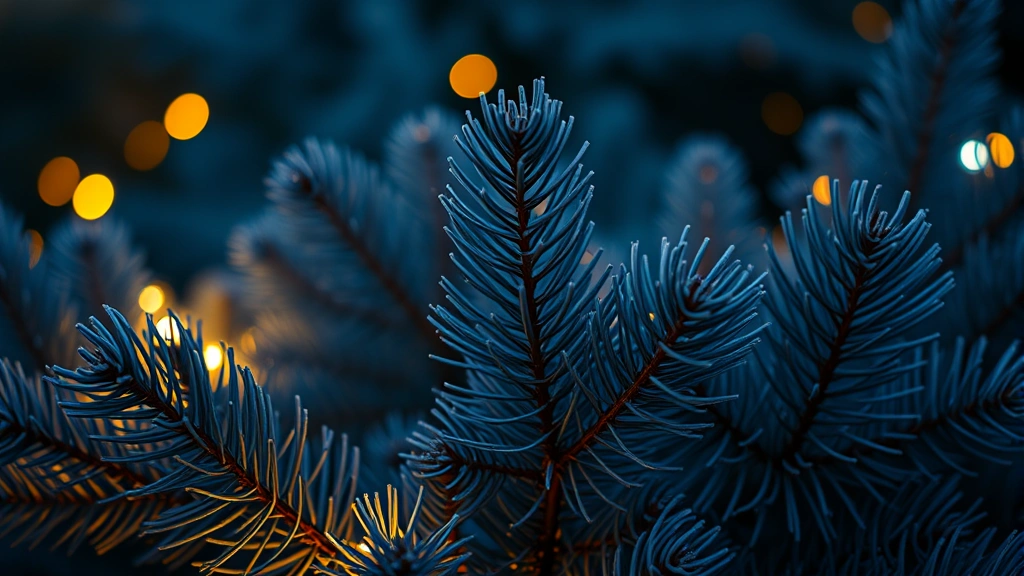 Close-up of blue spruce and coniferous specimens backlit with golden and cool white LED lights, showing architectural plant forms and needle texture details in evening darkness