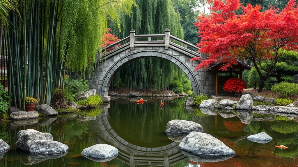 Serene Chinese garden with arched stone bridge over koi pond, surrounded by bamboo groves, Japanese maple trees with red foliage, and carefully placed weathered stones reflecting in calm water