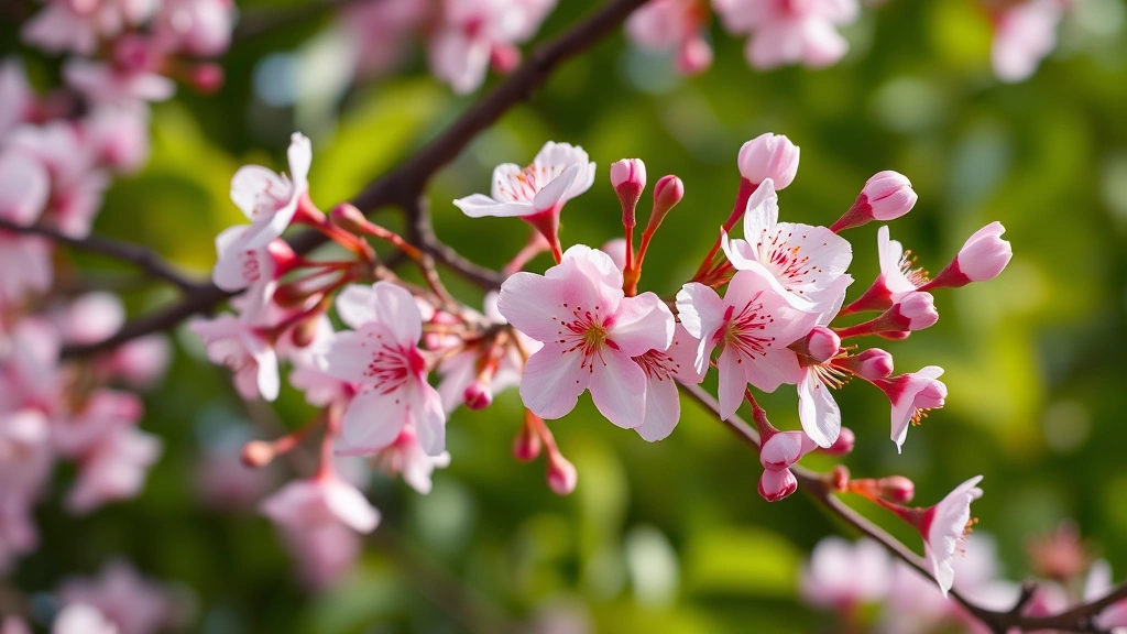Close-up of delicate pink flowering plum blossoms with graceful branches, showing early spring blooms against soft green foliage background in morning light