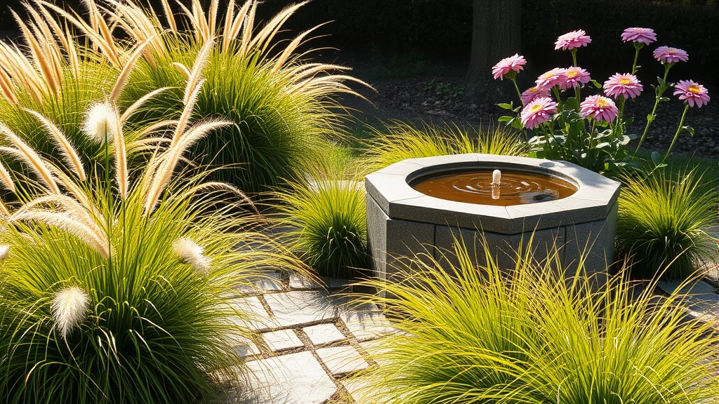 Ornamental grass borders waving near a simple stone water basin, with chrysanthemum flowers blooming nearby, creating layered texture and seasonal garden interest in autumn sunlight