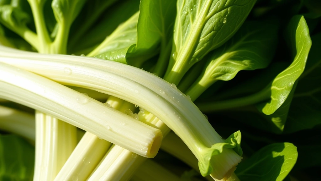 Close-up of fresh bok choy with water droplets on tender green leaves, showing the white stalks and leafy tops in bright morning light