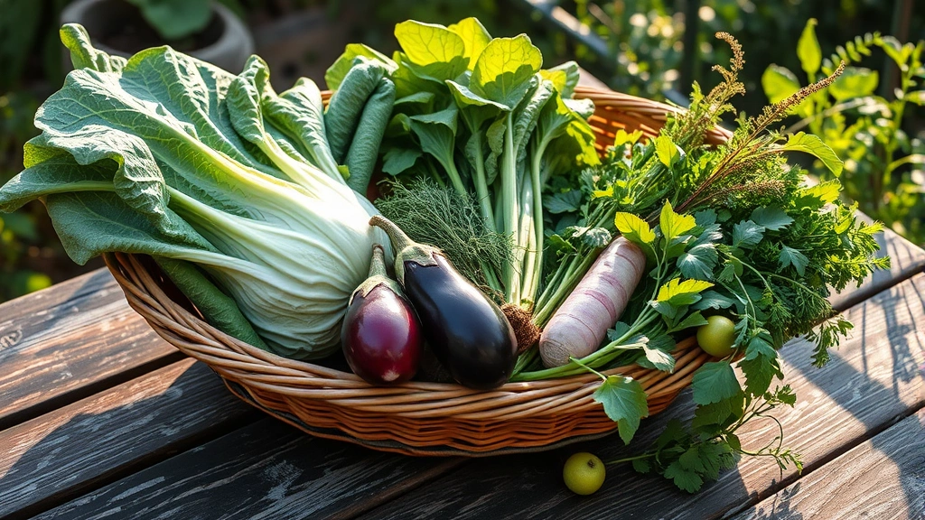 Harvested basket of freshly picked Chinese vegetables including Chinese cabbage, eggplant, and herbs arranged on weathered garden table with morning sunlight