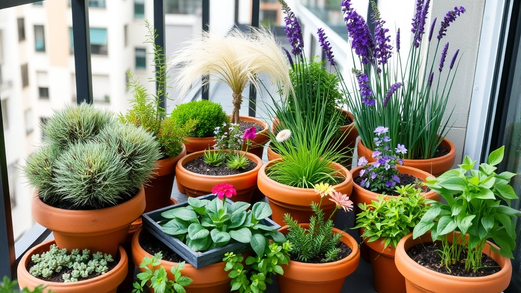 Compact container garden display with terracotta pots planted with dwarf shrubs, ornamental grasses, flowering perennials, and herbs on a small urban balcony or patio