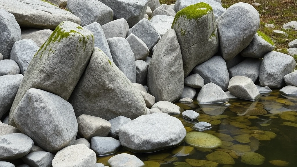 Weathered gray and tan stones of varying sizes arranged in asymmetrical groupings beside a natural-looking water pond, creating mountain-like formations with moss-covered surfaces