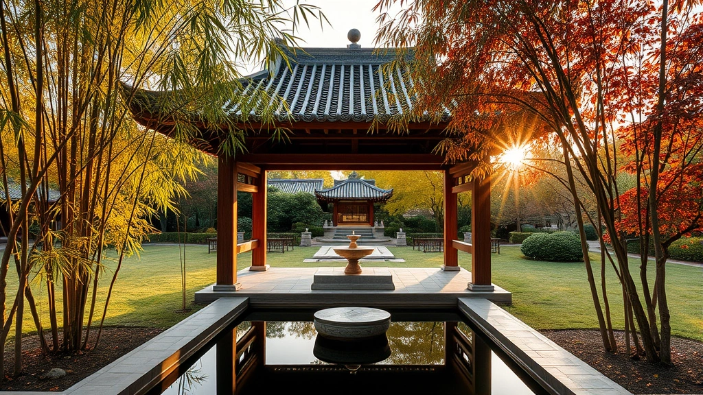 Chinese garden pavilion with open wooden lattice sides overlooking a still water feature, with graceful bamboo and maple trees framing the structure during golden hour light