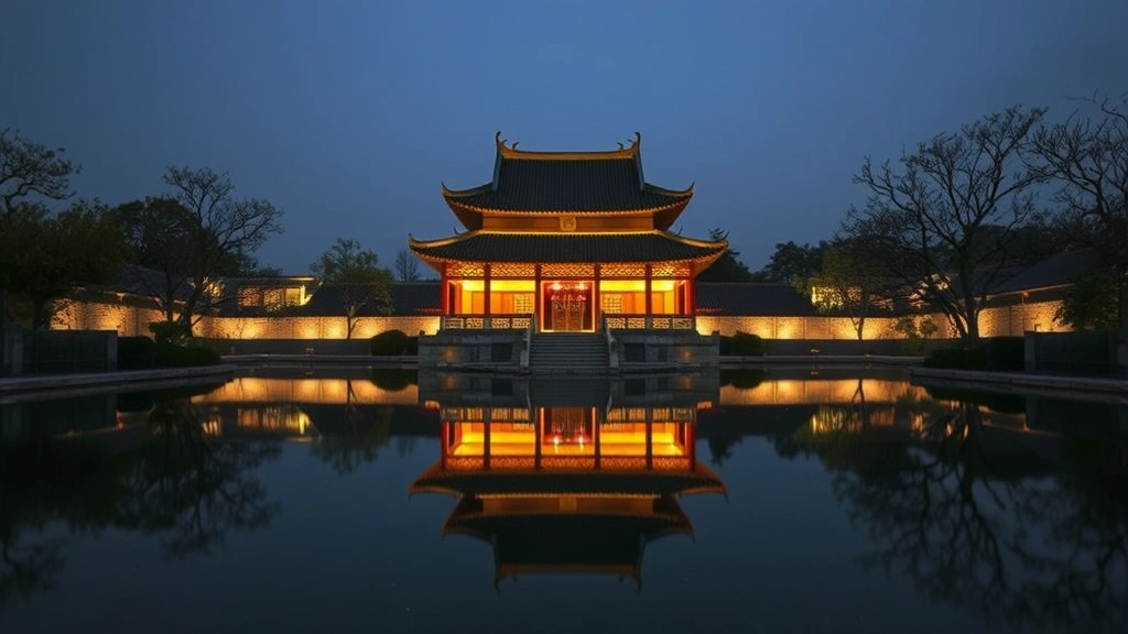 Evening view of illuminated traditional Chinese garden pavilion reflected perfectly in dark calm water, with delicate tree silhouettes and natural stone pathways visible in soft lighting