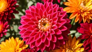 Close-up of vibrant chrysanthemum blooms in deep burgundy, pink, and yellow tones, showing detailed pompom flower structure with multiple layers of petals, natural garden sunlight