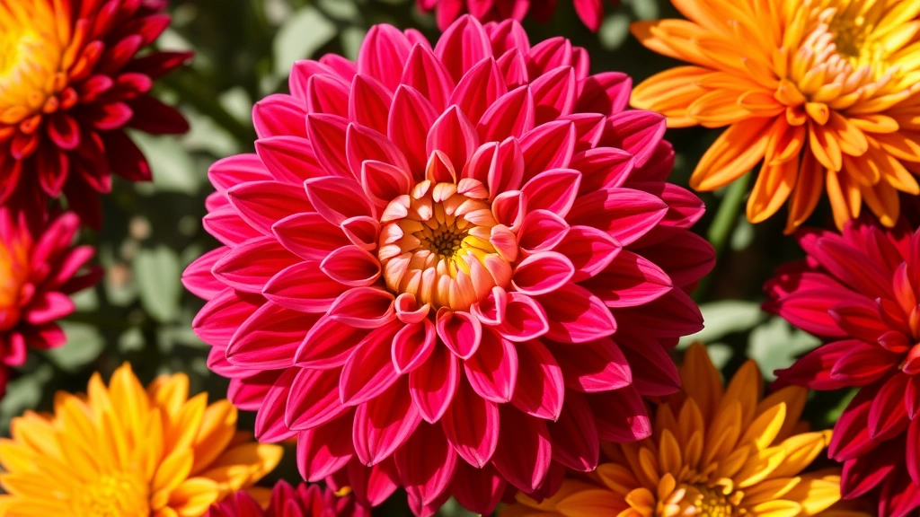Close-up of vibrant chrysanthemum blooms in deep burgundy, pink, and yellow tones, showing detailed pompom flower structure with multiple layers of petals, natural garden sunlight