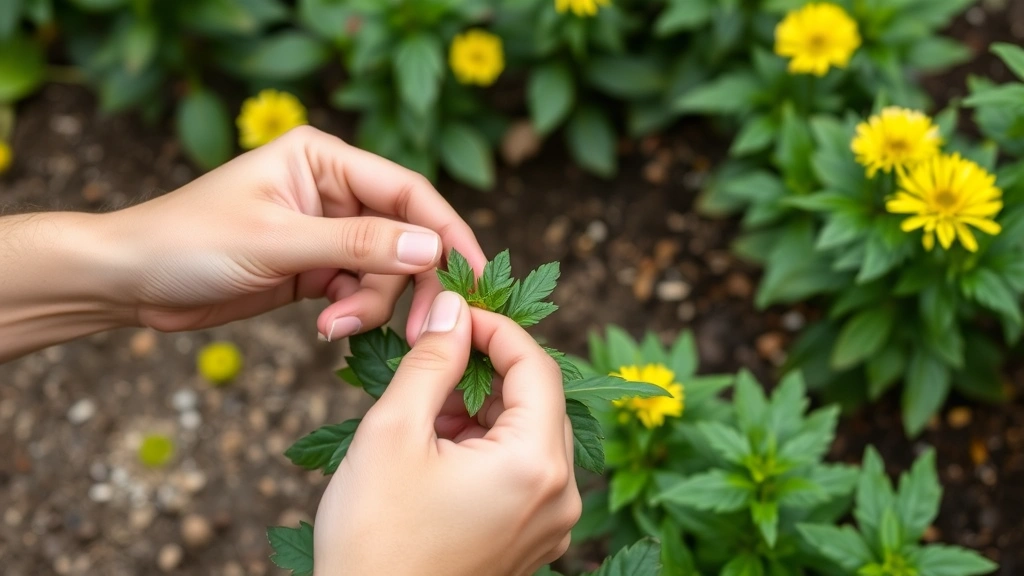 Hands pinching the tip of a young chrysanthemum plant with green foliage, demonstrating pruning technique in a lush garden bed with multiple plants visible
