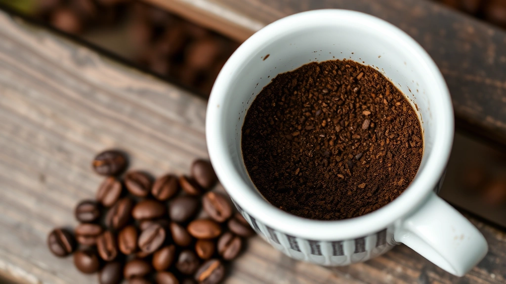 Close-up of used dark brown coffee grounds in a white ceramic cup, showing granular texture and moisture, with fresh coffee beans scattered beside it on a wooden garden bench