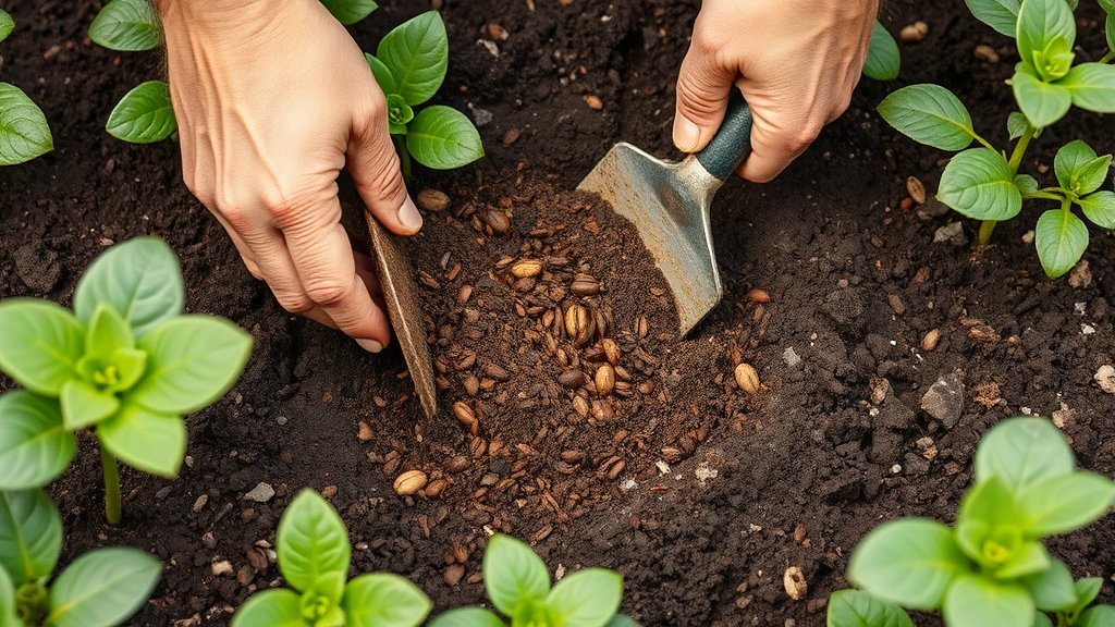 Gardener's hands mixing dried coffee grounds into rich dark garden soil, showing proper incorporation technique with a hand cultivator tool among green plant growth