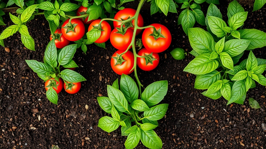 Overhead view of a mature vegetable garden bed with thriving tomato plants and basil, showing composted coffee grounds mulch layer around plants with morning dew