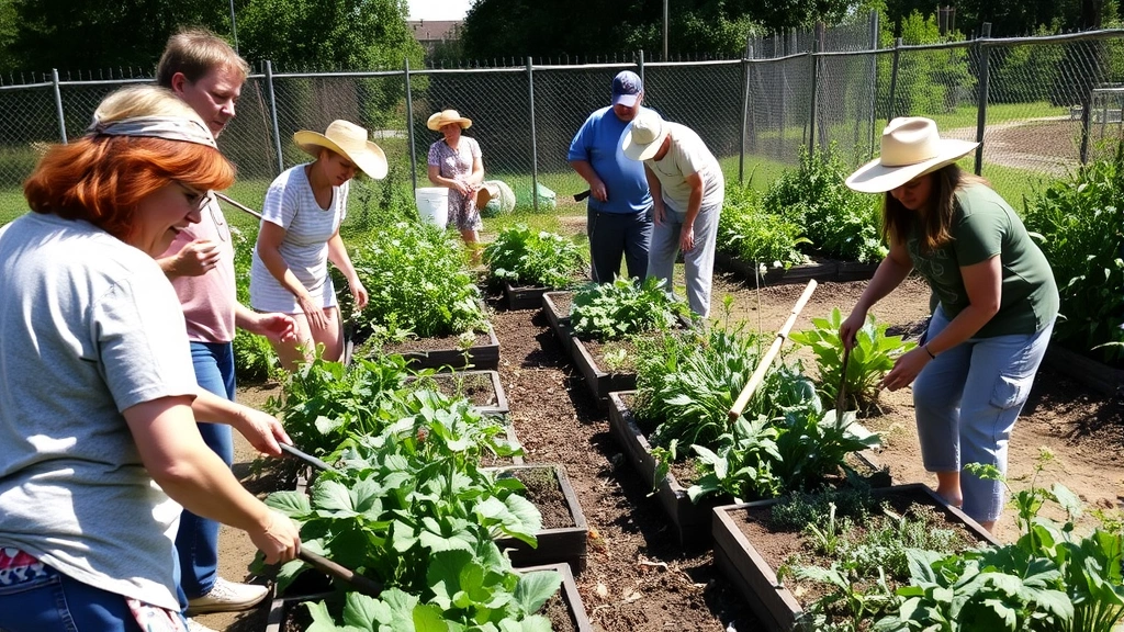 Diverse group of gardeners working together in a community garden plot on a sunny day, tending vegetables and sharing tools, showing collaborative garden atmosphere