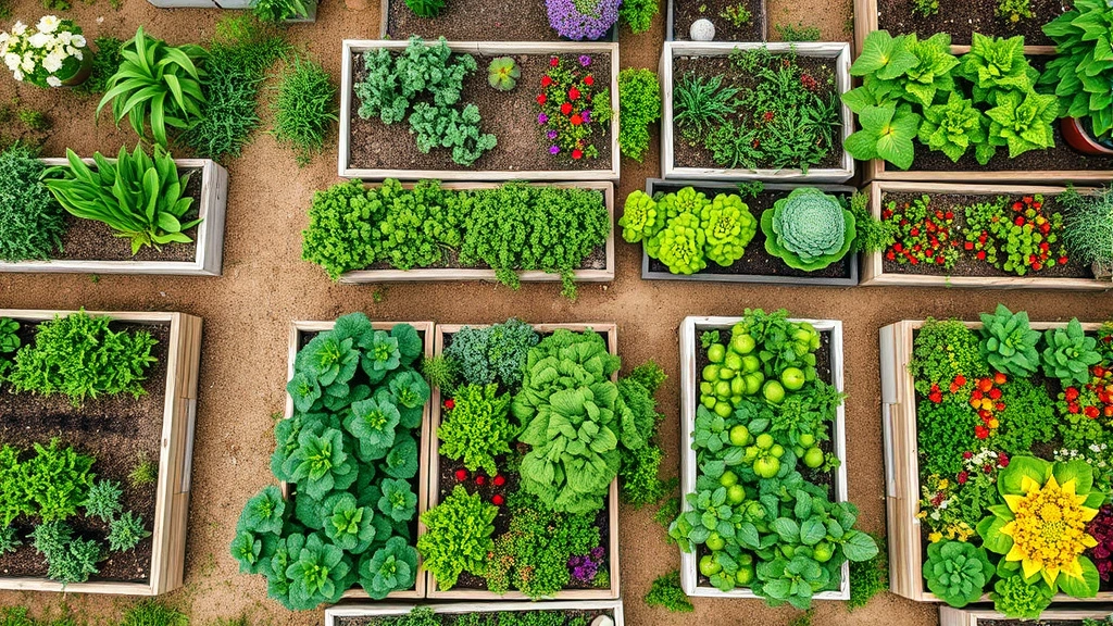 Overhead view of a thriving community garden with multiple raised beds full of colorful vegetables, flowers, and herbs in various stages of growth