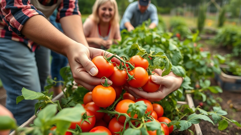 Close-up of gardeners' hands harvesting fresh tomatoes and vegetables during harvest time, showing abundance and community members smiling together