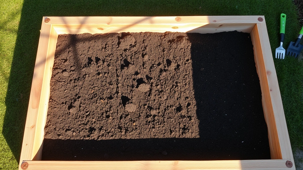 Overhead view of freshly constructed wooden raised garden bed with rich dark soil, morning sunlight casting shadows, garden tools nearby on grass