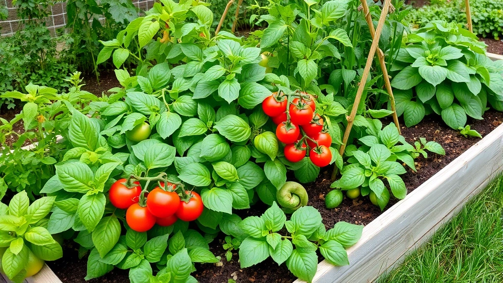 Finished raised garden bed overflowing with healthy green vegetables and herbs, tomato plants with red fruit, lettuce and basil visible, lush and productive