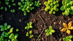 Photorealistic overhead view of diverse vegetable garden beds in spring with sprouting seedlings, rich dark soil, and morning dew glistening on leaves, natural sunlight