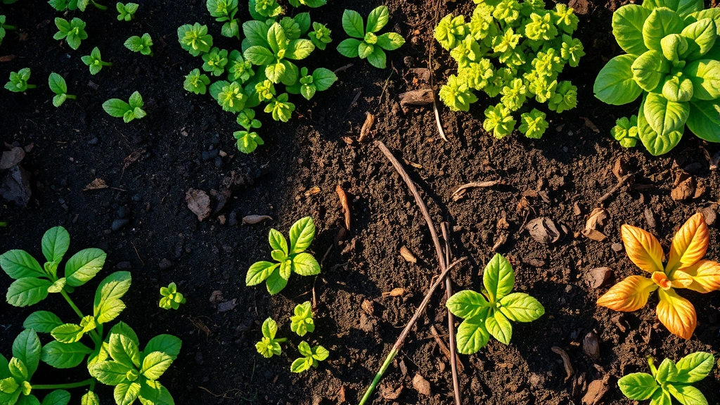 Photorealistic overhead view of diverse vegetable garden beds in spring with sprouting seedlings, rich dark soil, and morning dew glistening on leaves, natural sunlight