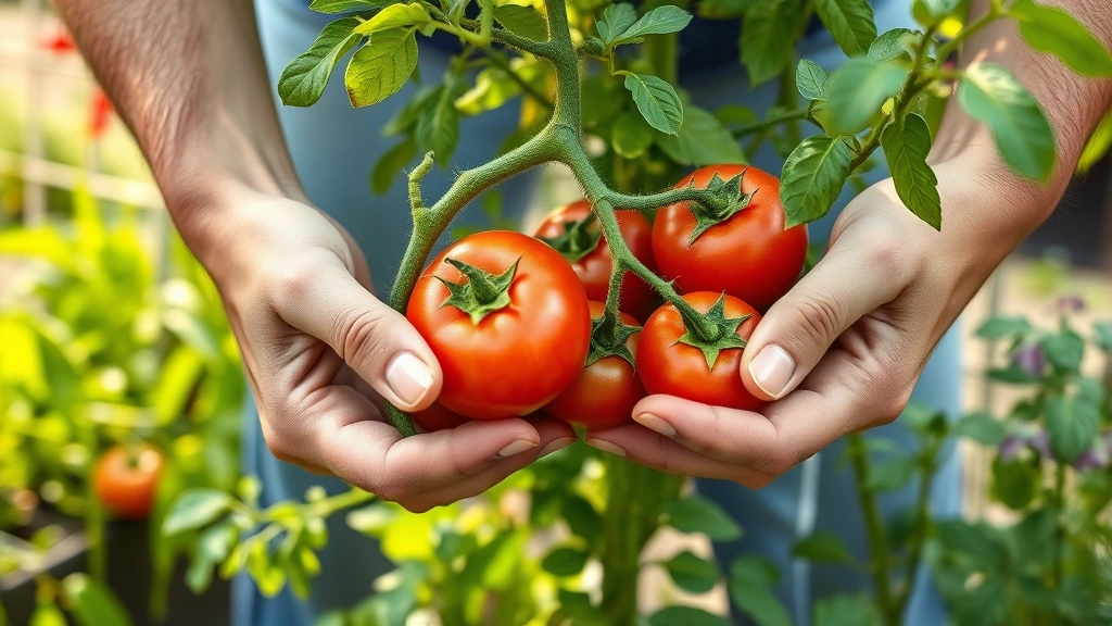 Close-up of hands harvesting ripe heirloom tomatoes from mature plants in a productive summer garden with lush green foliage and garden trellises