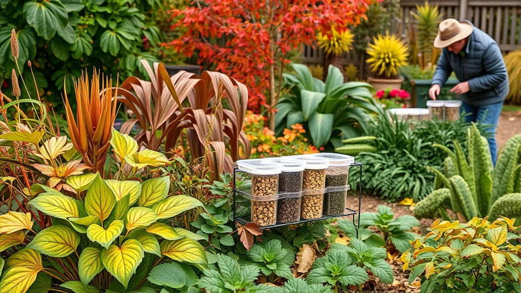 Autumn garden scene showing mature plants with fall colors, seed preservation containers, and gardener preparing cold-hardy crops for winter season