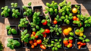 Overhead view of diverse vegetable seedlings in small black nursery pots arranged on a wooden table in bright sunlight, showing basil, tomato, and pepper varieties ready for transplanting